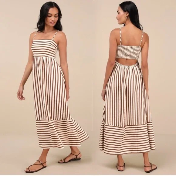 Lulus NWOT Exceptionally Pristine Brown/Cream Striped Cutout Midi Dress, Size XL - Picture 1 of 14